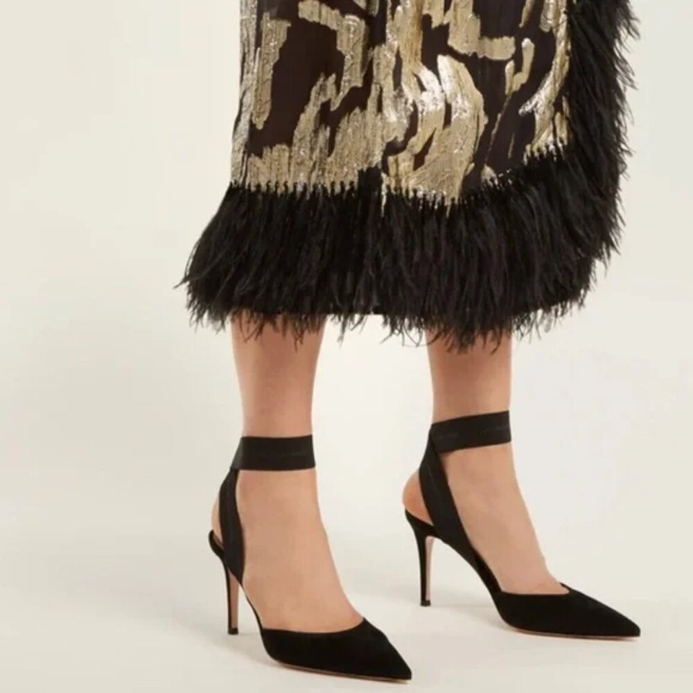 Gianvito Rossi Rhia Ankle Strap Pointed Toe Pumps - Black Suede - 39.5